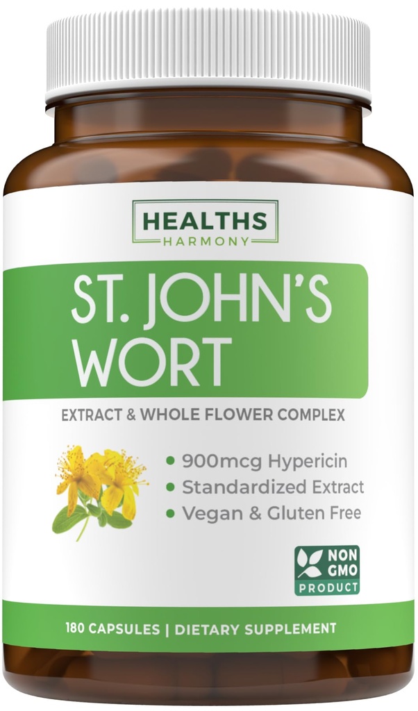 St John's Wort Capsules - Kraftfull och potent Saint John's Wort Extract & Whole Herb Complex Standardized till 900mcg Hypericin för balansering av daglig humörstöd - Vegan Non-GMO & Lab Verified (180 Caps)