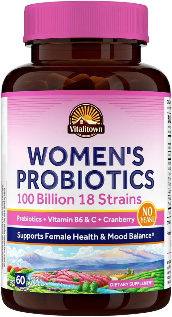 Vitalitown Women's Probiotics | 100 miljarder CFUs 18 Strains | Prebiotika, VC & B6, Cranberry | Shelf Stable | Vaginal, Urinary, Digestive & Mood Support | 60 Vegan Caps