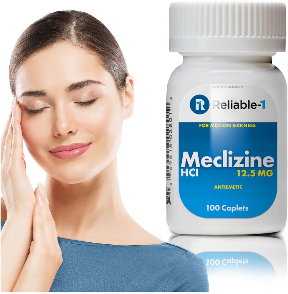 Reliable-1 Laboratories Meclizine HCL 12.5 mg Caplets - Prevent Nausea, Vomiting, and Dizziness Caused by Motion Sickness (100 Caplets, 1 Bottle)