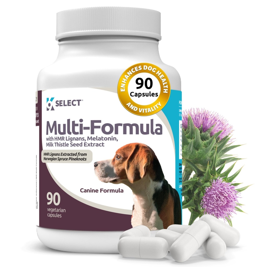 K9 Välj Multi-Formula Dog Vitaminer för Medium Dogs - 20mg HMR Lignans, 2mg Melatonin, 40mg Milk Thistle - Hjälper Hjärta, Lever, Digestion & Coat Health, Dog Multivitamin, 90 kapslar