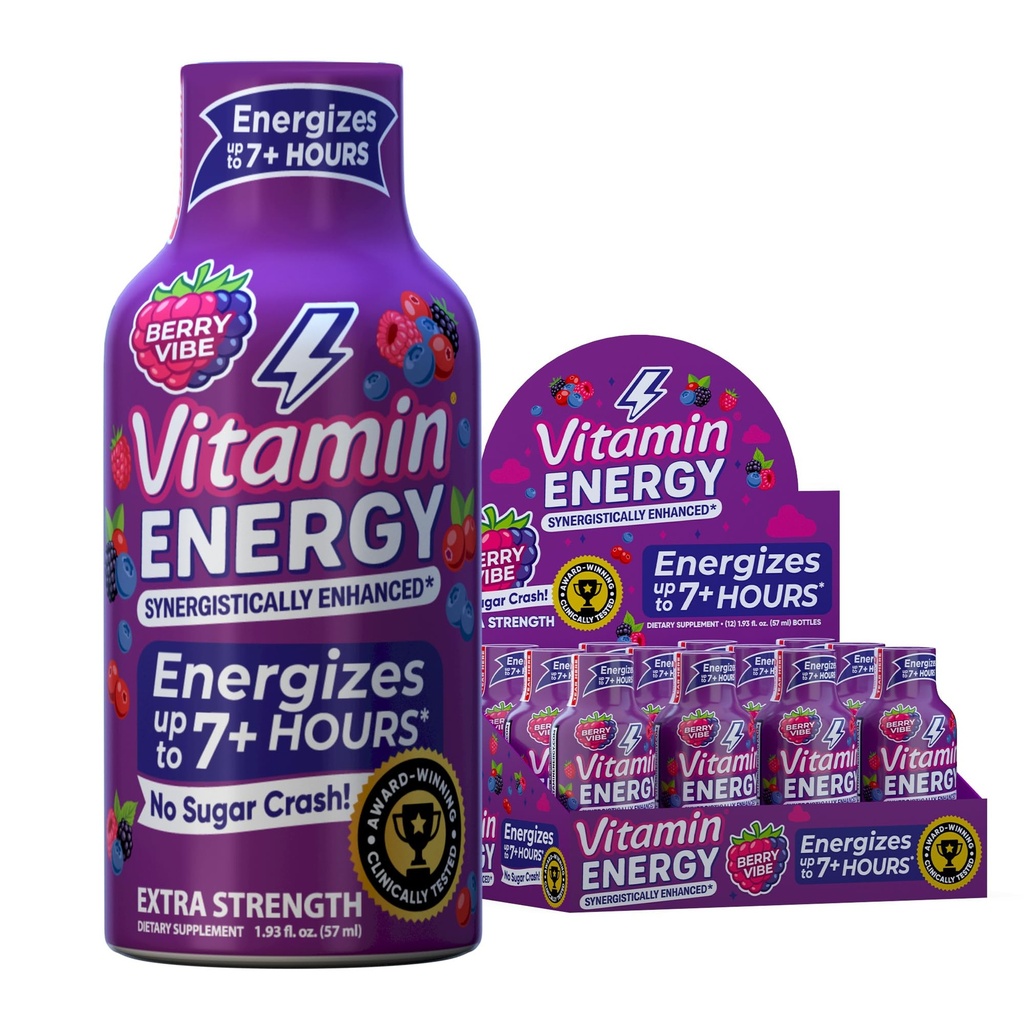 Vitamin Energy Mood+ Extra Strength Energy Shot Tropical Berry 12 Pack, 260mg Natural Caffeine, B-Vitamins, Rhodiola, Chamomile, Mood & Energy Support, Zero Sugar, Gluten-Free, Vegan, 1,93 fl oz