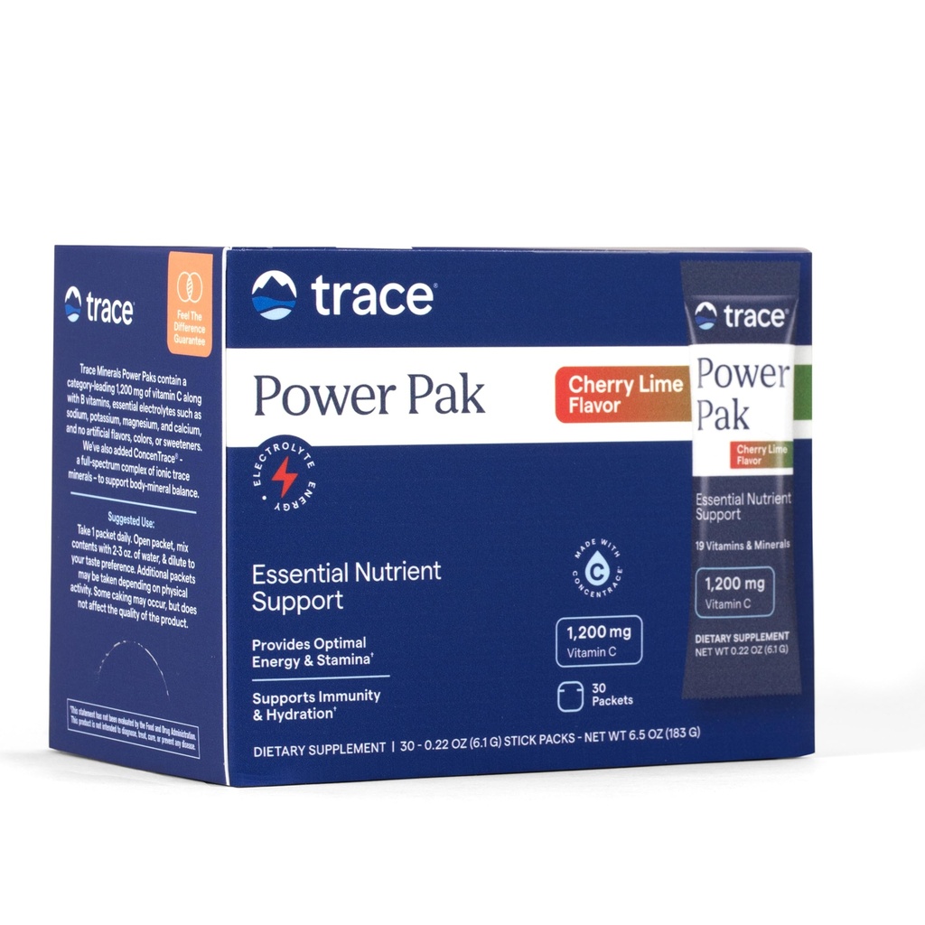 Trace Minerals Power Pak - Multivitaminpaket för väsentligt näringsstöd - Hydration, immunitet och energi - Naturliga vitaminer och mineraler - Cherry Lime - 30 greve (30 portioner)