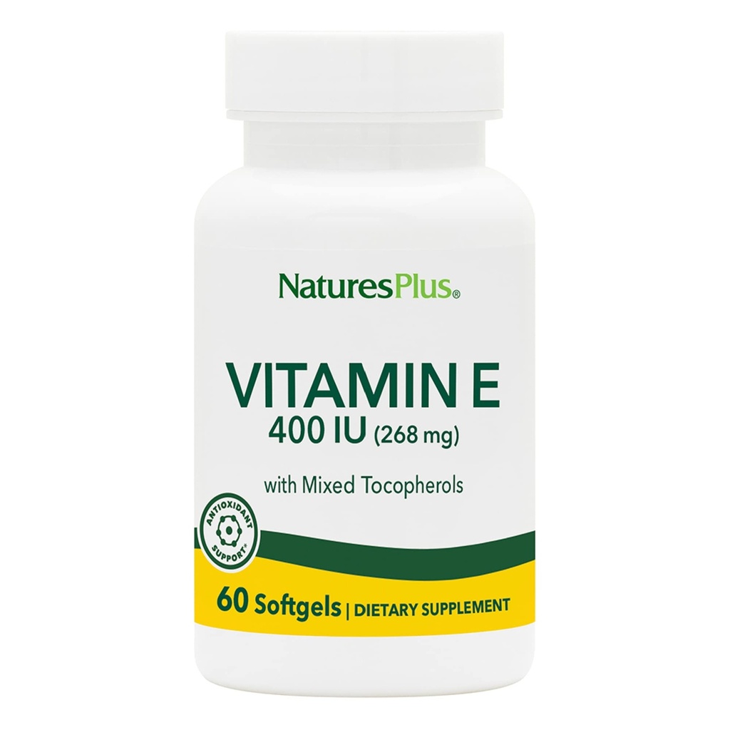 NaturesPlus Vitamin E - 400 iu Mixed D-Tocopherol, 60 Softgels - Lätt att svälja Vitamin E Supplement, härrör från naturlig sojabönolja - Fri-radikalt försvar - Glutenfri - 60 portioner