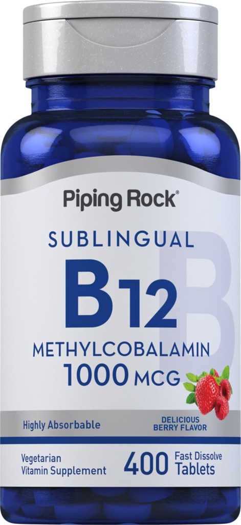 Piping Rock Vitamin B12 Sublingual Tablets | 1000 mcg | 400 Pills | Methylcobalamin Supplement for Women and Men | Berry Flavor | Vegetarian, Non-GMO, Gluten Free