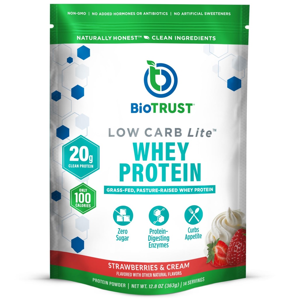BioTrust Low Carb Lite, 20 Grams of Grass-Fed Whey Protein Isolate, 100 kalorier, ProHydrolase Digestive Enzymes, Non-GMO, fri från Soy och Gluten, rBGH-Free (14 portioner) (Strawberries och Cream)