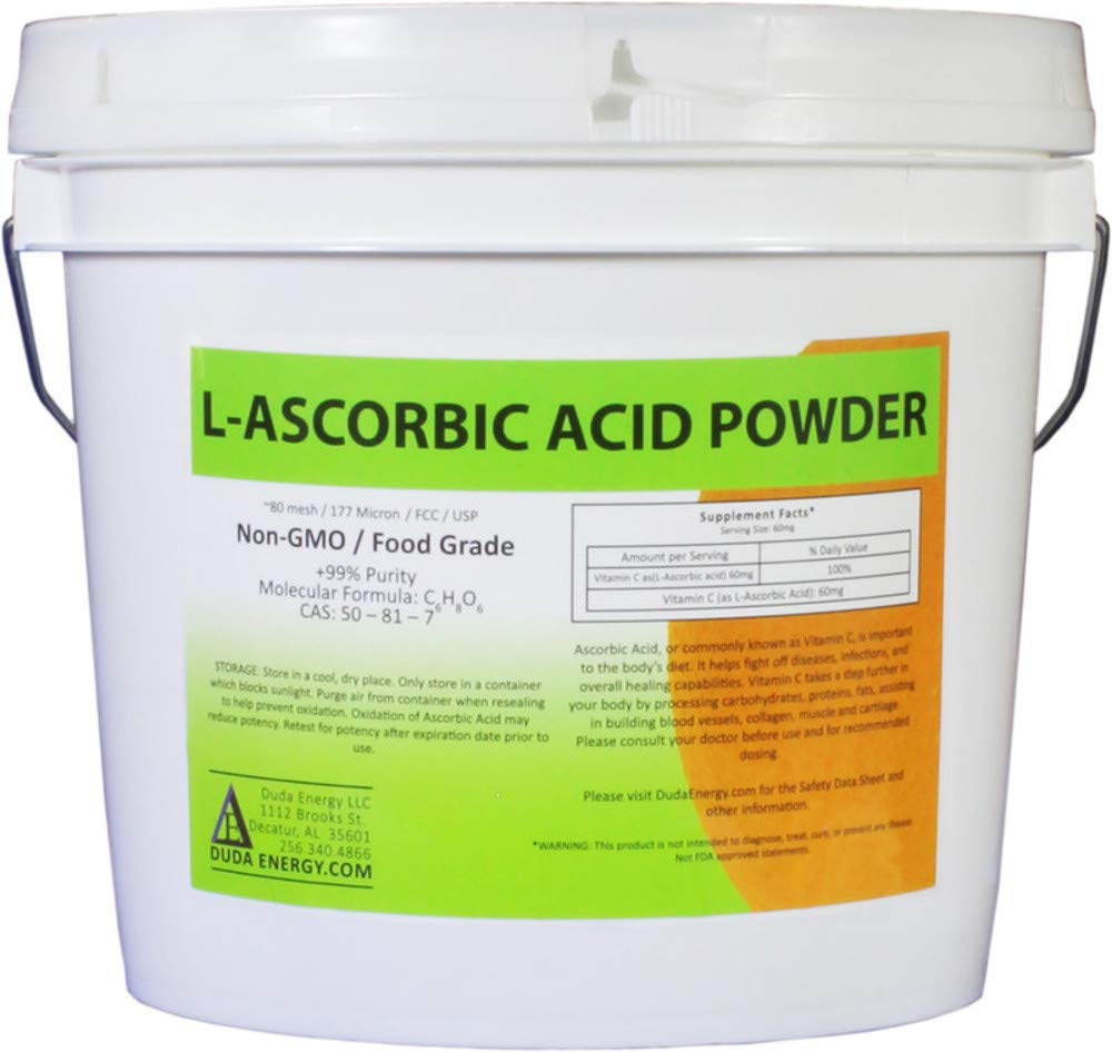 Duda Energy asc8p Pail från L-Ascorbic Acid Powder 99+% Food Grade USP36/BP2012 Naturligt fermenterade rena vita kristaller form av vitamin C, 8 lb.