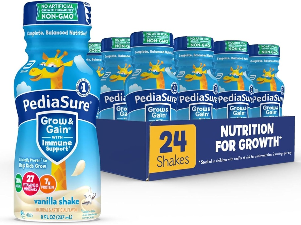 PediaSure Grow & Gain med Immune Support, 27 Vitaminer & Minerals för barn, 7g Protein, Non-GMO, Gluten-Free, Vanilla, 8-fl-oz Bottle, Pack av 24