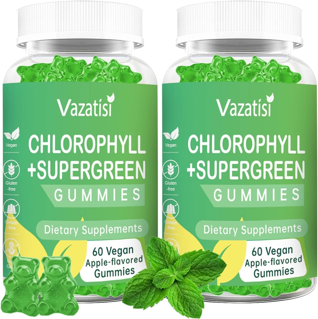 2 Pack Chlorophyll Gummies med organiska supergreens, naturlig antioxidant, energiökning, immunstöd, matsmältning, hudvård, kvinnor och män, vuxen och barn - 120 Vegan Organic Gummies