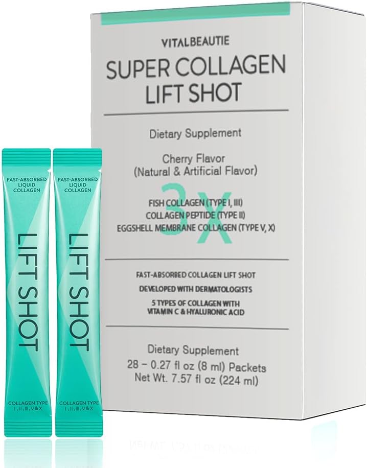 VITALBEAUTIE Liquid Collgen for Women, SuperCollagen Lift Shot - Premium Multi Collagens Peptides Type I, II, III, V, X 1500mg with Hyaluronic, Vitamin C, Third Party Certified, High Absorption