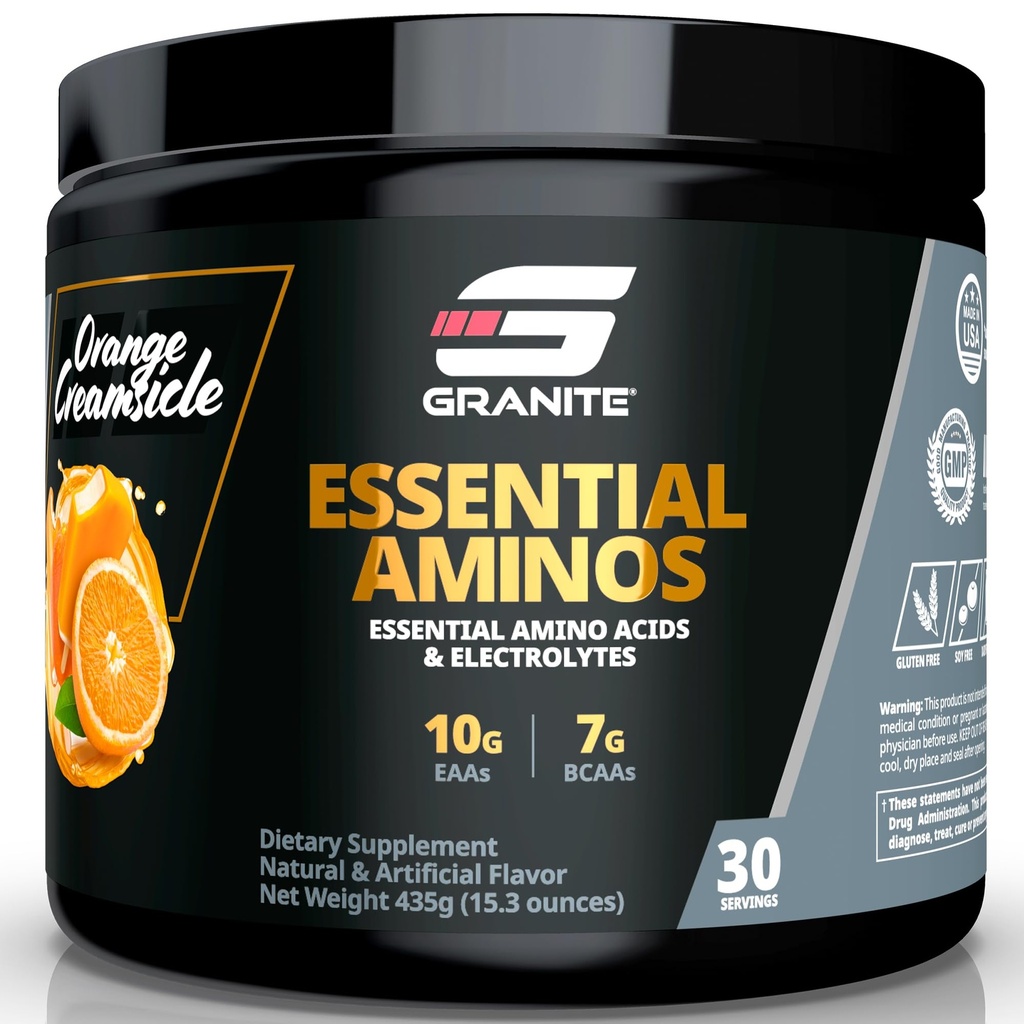 Granite Essential Amino Acids Powder for Muscle Recovery and Growth with 10g EAAs and 7g BCAAs - Soy-Free, Gluten-Free, 448g (30 Servings), Orange Creamsicle Flavor