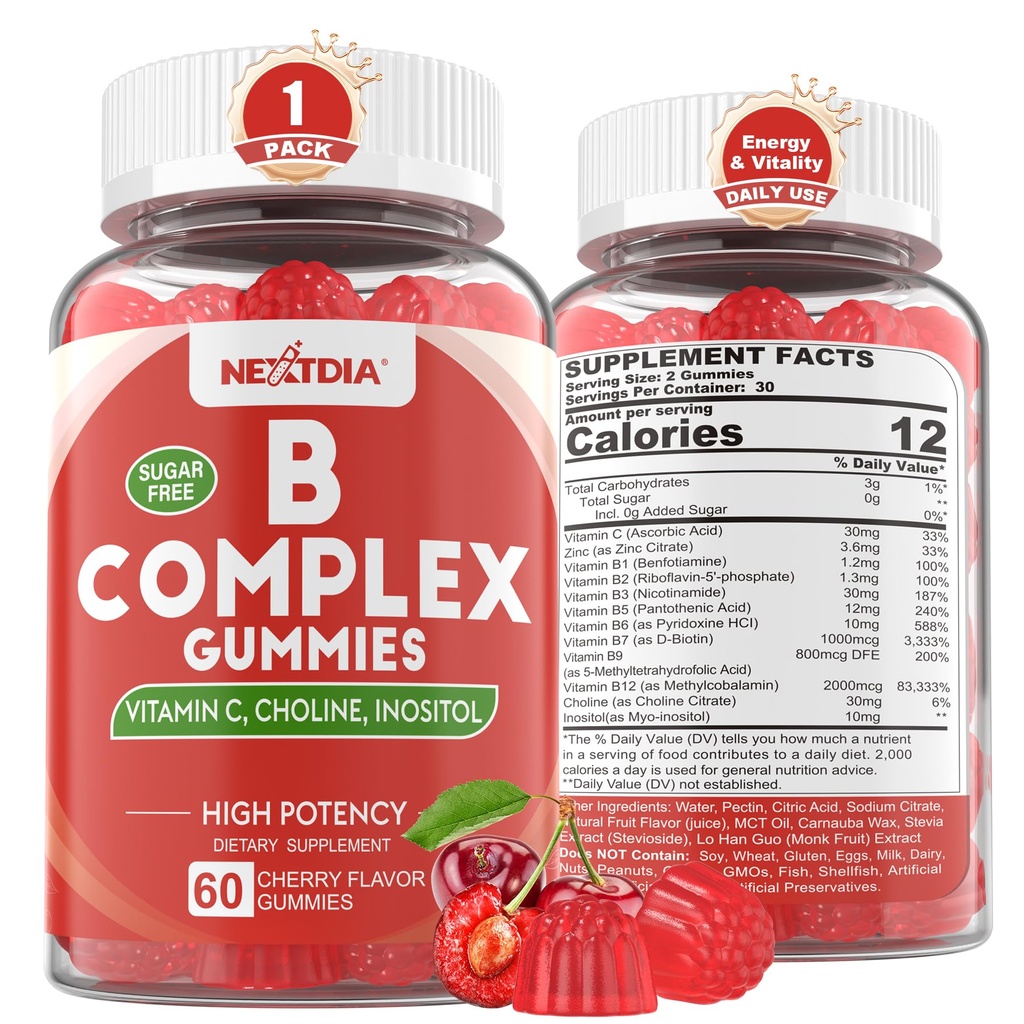 Vitamin B Complex Gummies, Vegan Vitamin B Gummies med 2000 mcg Methyl B12, Methyl Folate | Plus Choline + Inositol, Vitamin C + Zink för stöd energi, humör, immun, hälsosamt hår, hud - 60 Cts
