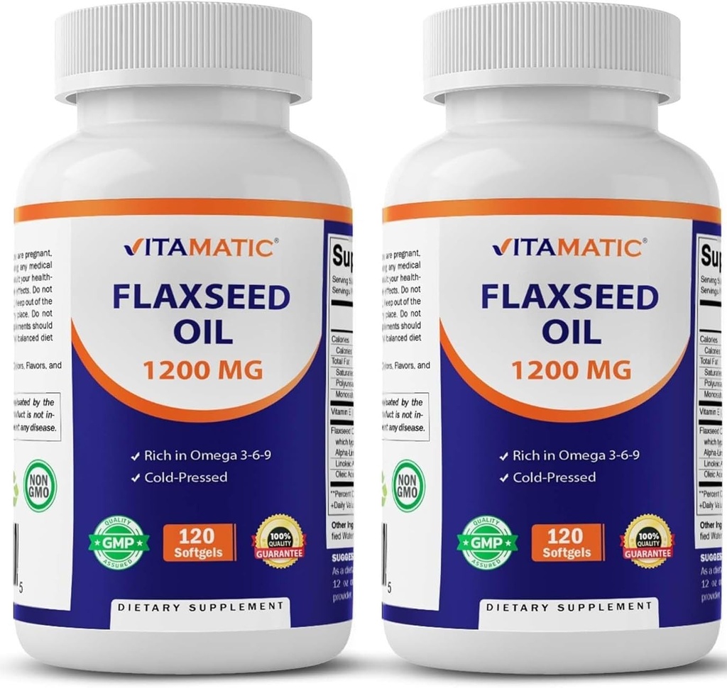 Vitamatic 2 Pack Flaxseed Oil 1200mg 120 från Cold Pressed Flax Seed - 675 mg ALA Omega 3 fettsyror för att förbättra hjärthälsan