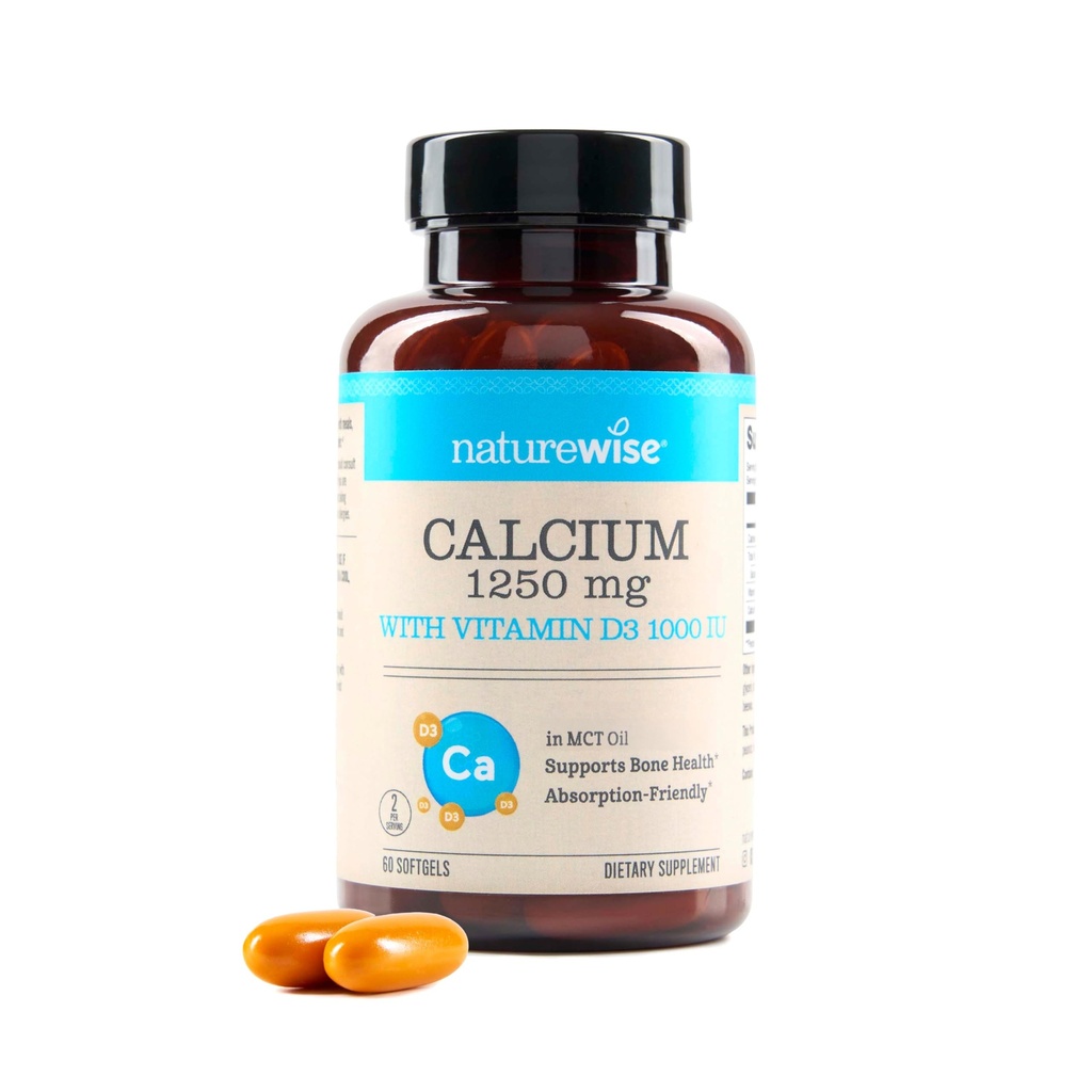 NatureWise High-Purity, All-Natural Calcium 1250mg + Vitamin D3 1000IU + Organic MCT Coconut Oil - Graviditet Säker + Non-GMO - Absorption Friendly, Gluten Free - 60 Softgels [30-dagars leverans]