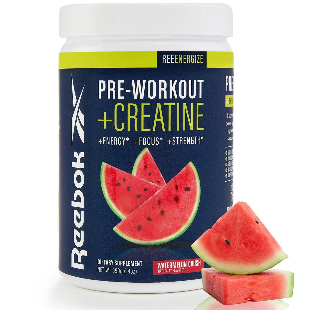 Reebok Pre-Workout Powder | 200mg Natural Caffeine, 3g Creatine Monohydrate | Clean Energy Pre Workout för styrka, fokus och pump | Informerad-Sport Certified | ReeEnergize | Watermelon Crush