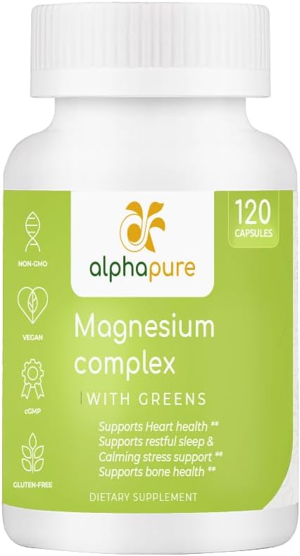 Magnesiumkomplex med gröna, Magnesium Glycinate, Magnesium Glukonat och Magnesium Malate ger 250 mg Elemental Magnesium Per Servering, Tredje part Testad. Plus Five Greens Rich i Magnesium