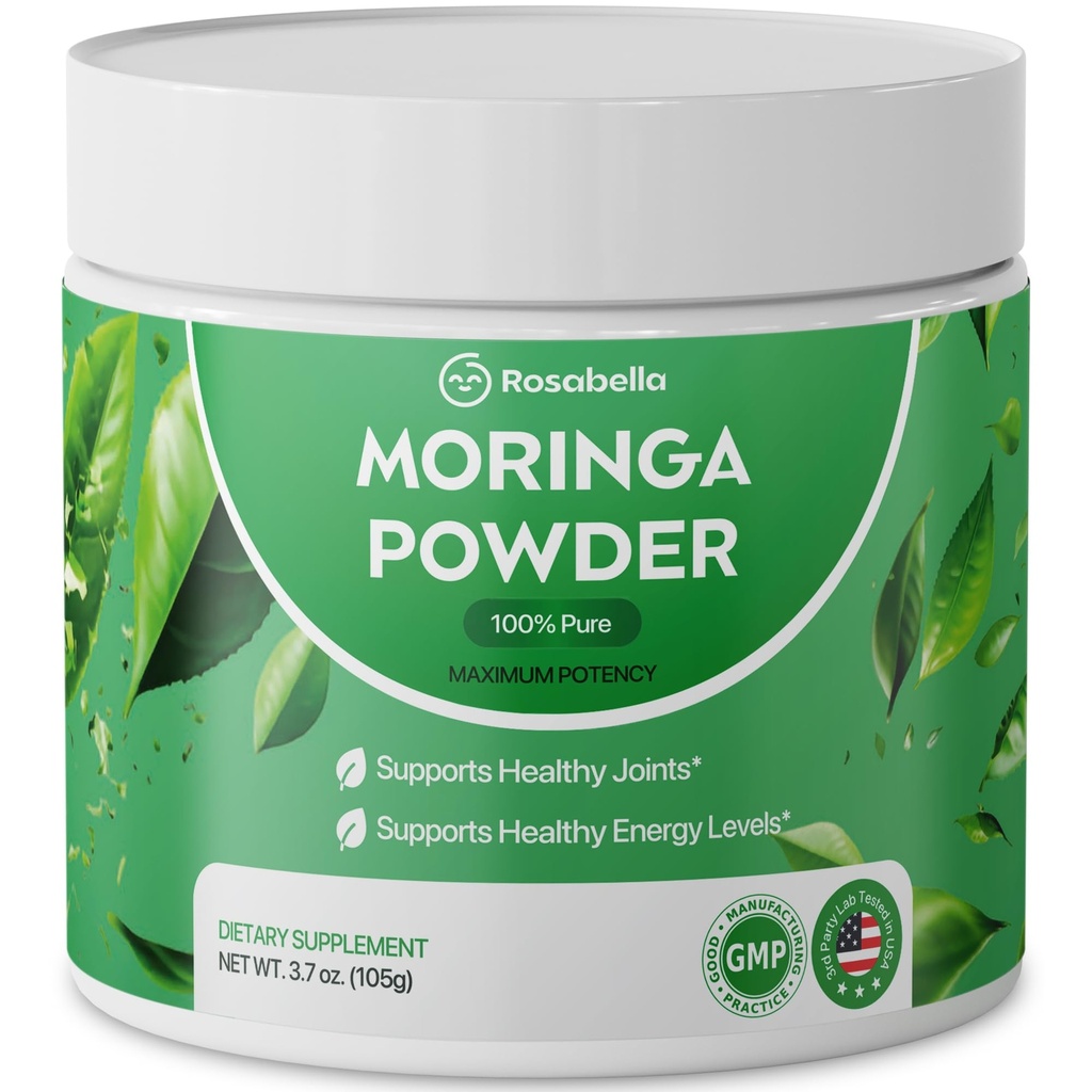 Rosabella Pure Moringa Powder - Energy, Skin, Immune & Gut Health Superfood, Rich in Antioxidants, Essential Vitamins & Amino Acids, Natural Green Superfood Supplement (3.7oz (Pack of 1))