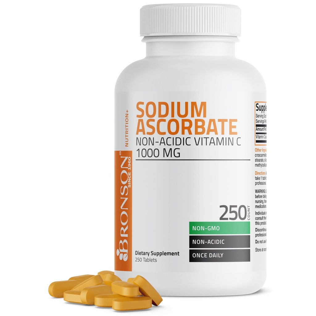 Bronson Sodium Ascorbate Non Acidic Vitamin C 1000 Mg Tablets - Gentle On The Stomach - Immune System Booster - Kraftfull Antioxidant - Non GMO Vitamin C Supplement, 250 Count