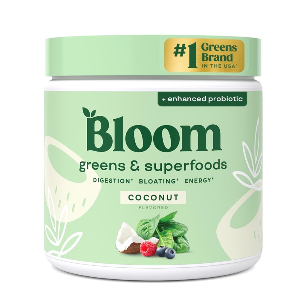 Bloom Nutrition Superfood Greens Powder, Digestive Enzymes med probiotika och prebiotika, Gut Health, Bloating Relief för kvinnor, Chlorella, Green Juice Mix med Beet Root Powder, 30 SVG, Coconut