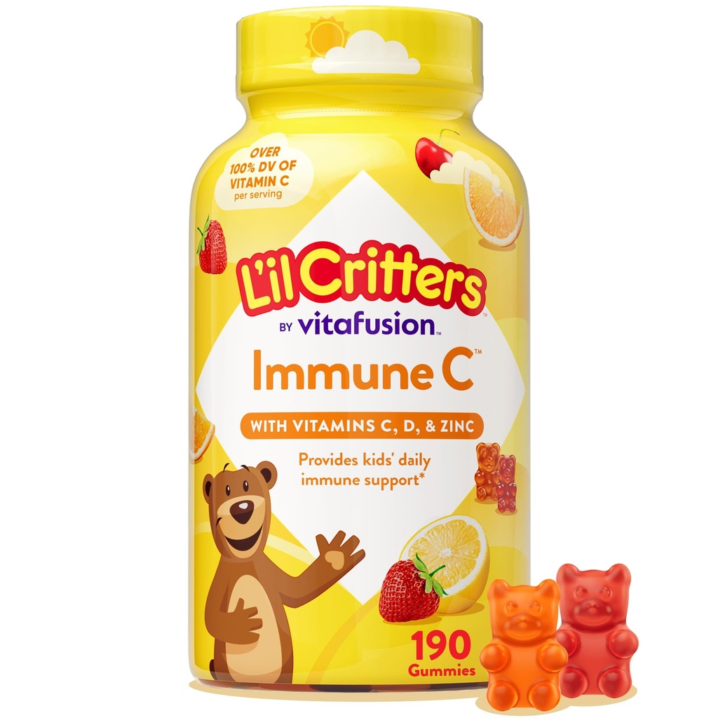 L'il Critters Immune C Daily Gummy Supplement Vitamin för barn, för vitamin C, D och Zink för Immune Support, Orange, Lemon, Strawberry och Cherry Flavors, 190 Gummies (Packaging May Vary)