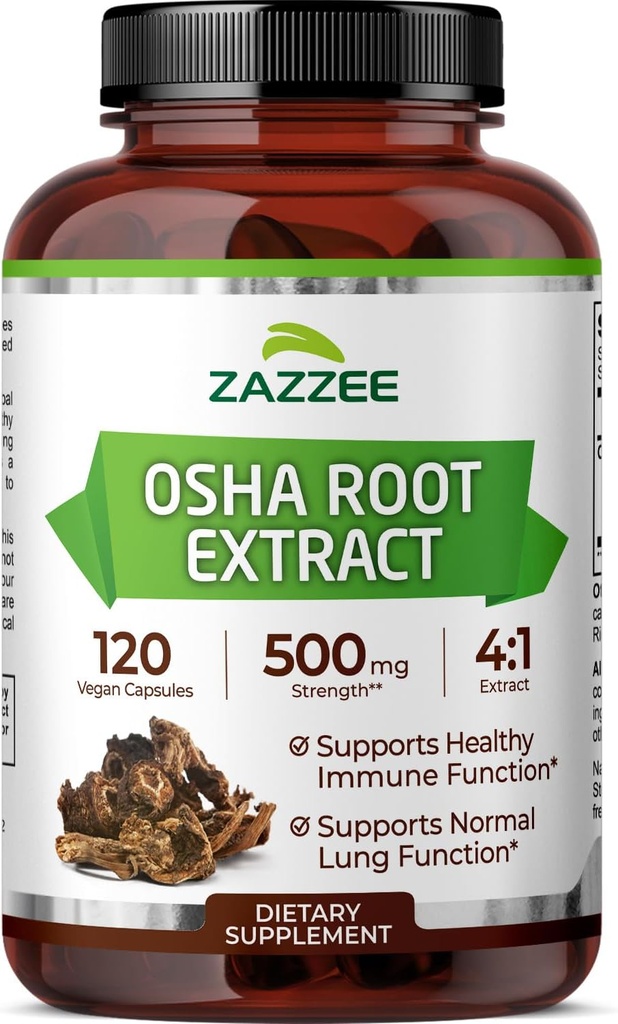 Zazzee OSHA Root 4:1 Extract, 500 mg Styrka, 120 Vegan kapslar, 4 månaders leverans, koncentrerad och standardiserad 4X Extract, 100% Vegetarian, Ligusticum porteri, All-Natural och icke-GMO