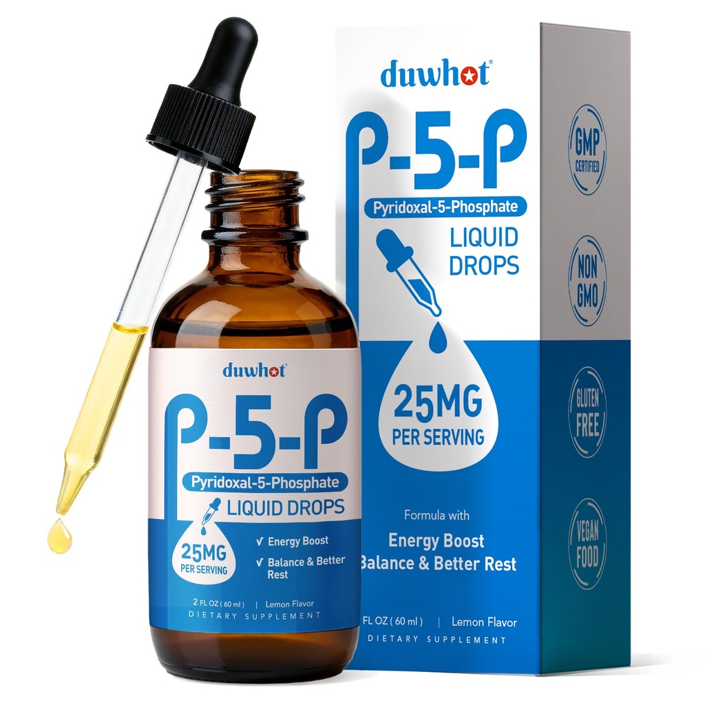 duwhot P5P Vitamin B6 25mg, Pyridoxal-5-Phosphate Activated B6 Liquid Drops for Women & Men, Energy Support, Balance, Nervous System Health, 2 Fl Oz