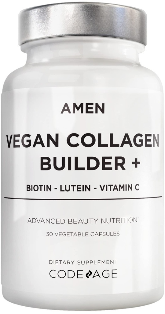 Amen Plant-Based Vegan Collagen Builder Supplement - Organic Whole Foods, Lutein, Vitamin C, Biotin, Lysine, Proline Collagen Boosters - Organic Cranberry, Lemon, Strawberry - När en dag - 30 kapslar