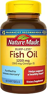 Nature Made Burp-Less Fish Oil 1200 mg, 60 Softgels, Fish Oil Omega 3 Supplement för hjärthälsa (Pack of 3)