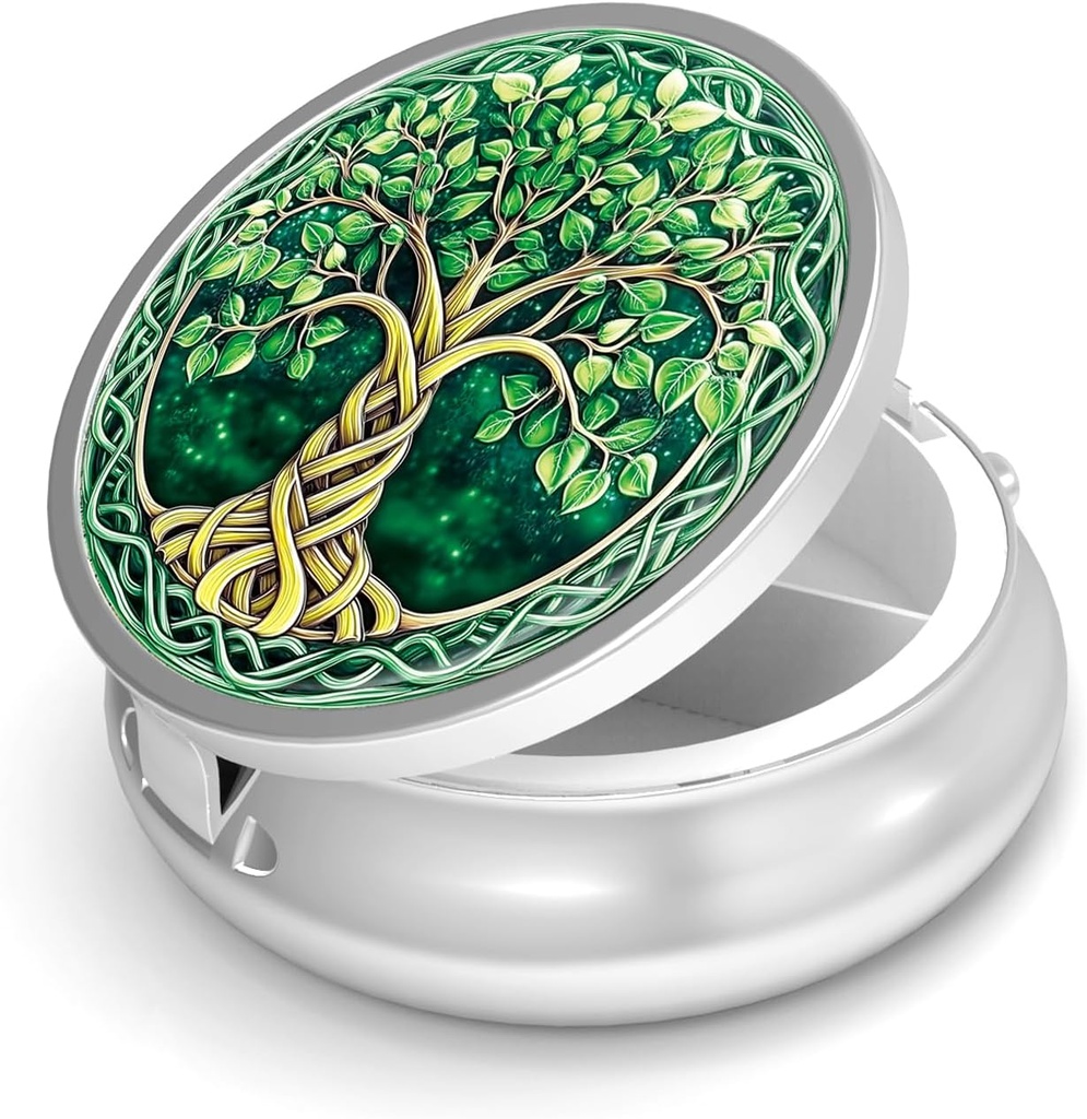 Pill Box-3 Compartment Small Pill Case för Purse & Pocket Mini Metal Pill Holder Travel Pill Container för att hålla tillägg Vitamins BPA-Free (Tree of Life)