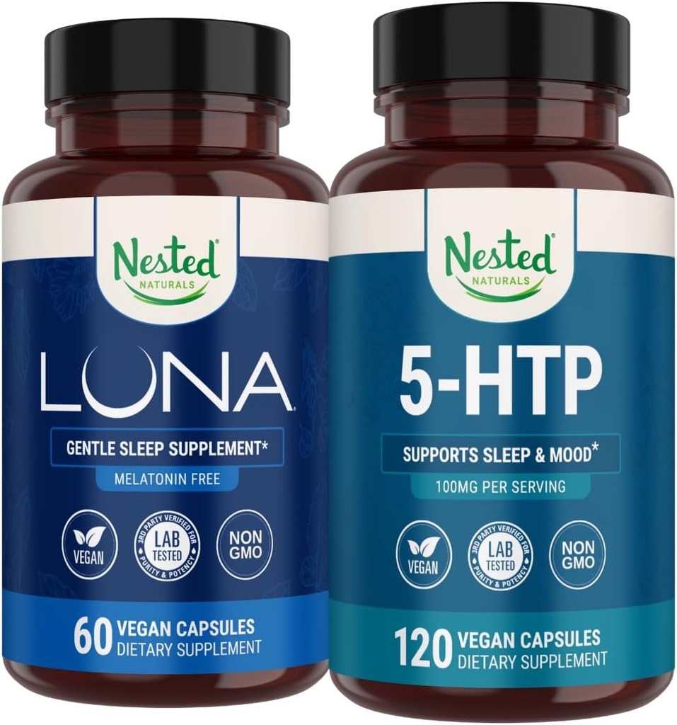 Nested Naturals Luna Melatonin-Free Sleep Supplement (60 Vegan Capsules) och 5-HTP 100mg (120 Vegan Capsules) för förbättrad sömn, avkoppling och humör