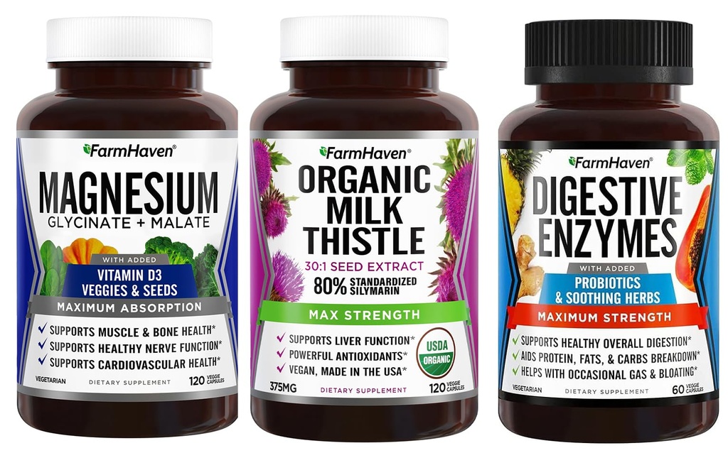 FarmHaven Magnesium Glycinate & Malate + Milk Thistle + Digestive Enzymes med probiotika