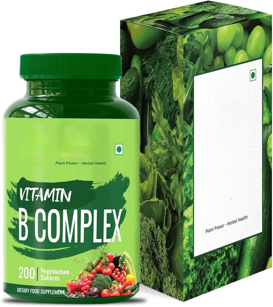 Vitamin B Complex 100% RDA - 200 tabletter / kapslar - B Vitaminer Supplement (B1, B2, B3, B5, B6, B7, B9, B12), Grönt