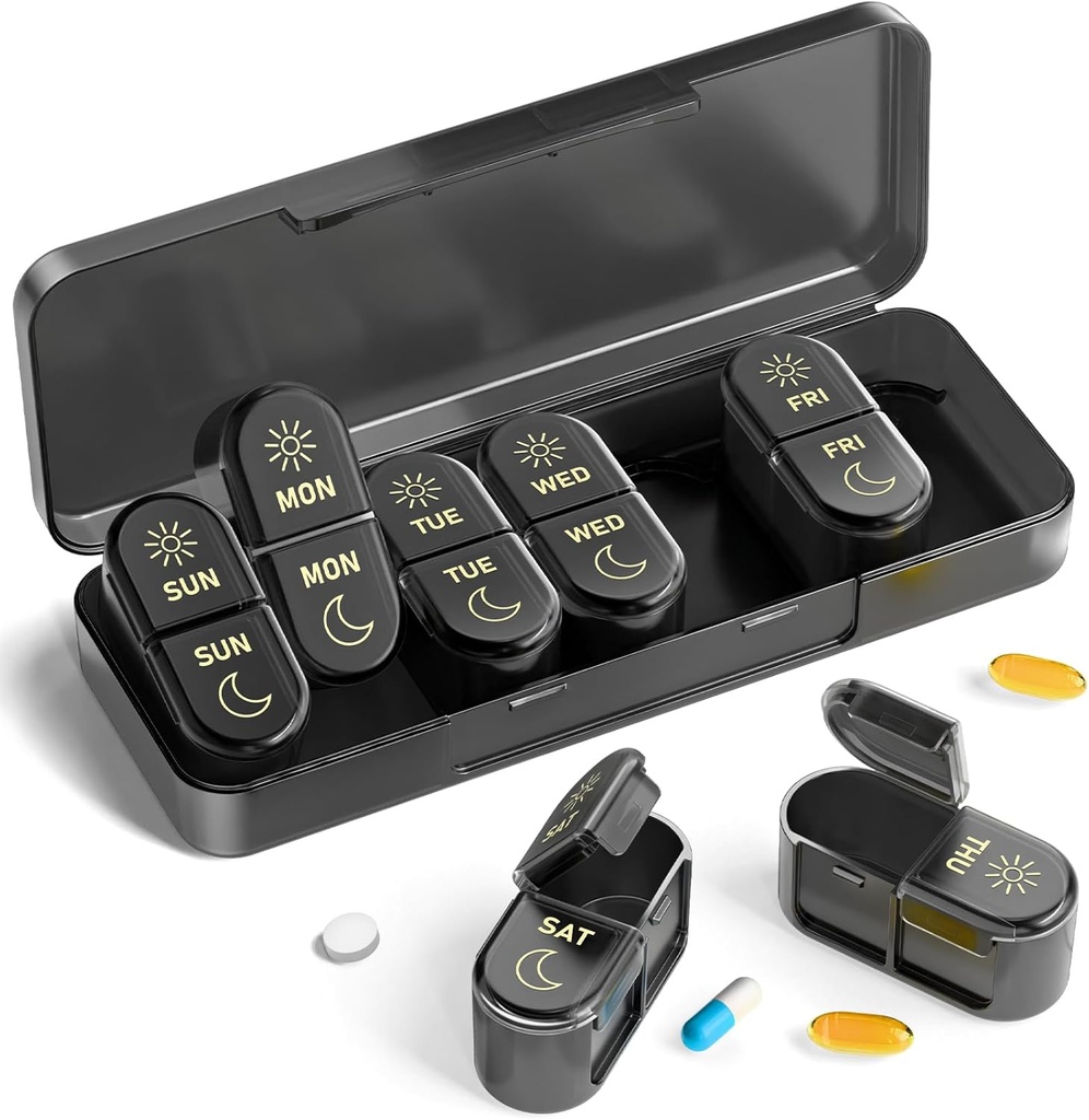 AM & PM Pill Organizer 7 dagar, Weekly Pill Case 2 gånger om dagen, Pill Box 7 Day, Medicine Pill Organizer för resor, vitaminer, fiskoljor, kosttillskott