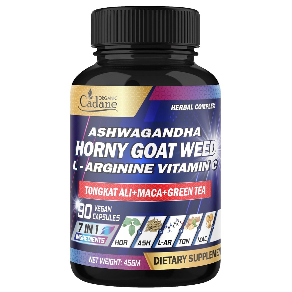 Organic Cadane Horny Goat Weed Supplement - 7in1 Blended with VIT C, Ashwagandha Root, L-Arginine & More - 90 Capsules