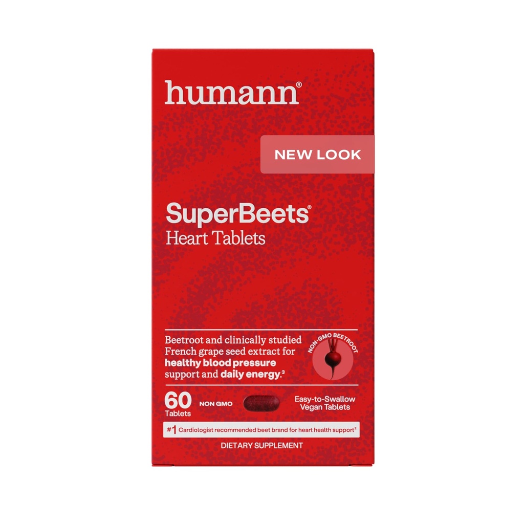 Humann SuperBeets Heart Tablets Smooth Coat 500mg - Icke-GMO-pulver - kliniskt studerade antioxidanter, 60 greve