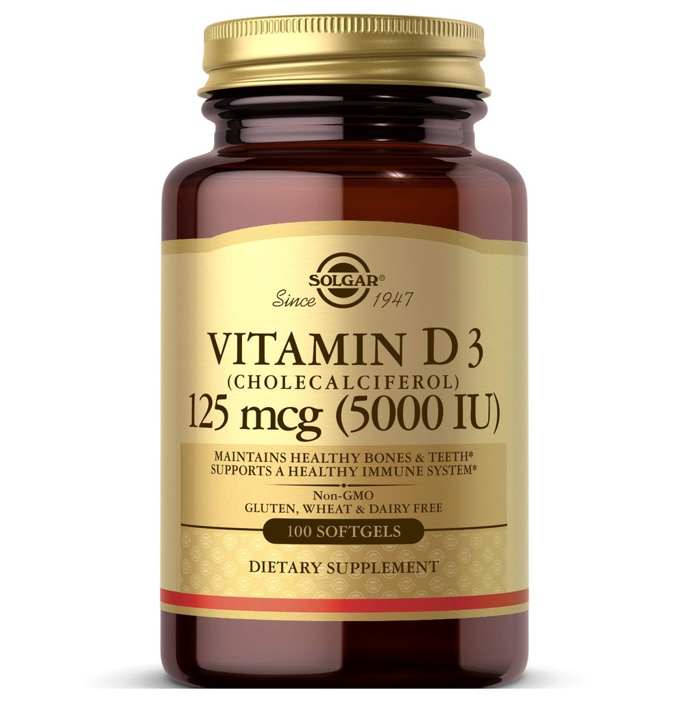 Solgar Vitamin D3 (Cholecalciferol) 125 MCG (5000 IE), 100 Softgels - Hjälper till att upprätthålla hälsosamma ben och tänder - Immunsystem Support - Non GMO, Gluten-Free, Dairy Free - 100 portioner