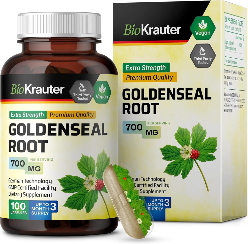 BIO KRAUTER Goldenseal Root Capsule 700 mg - 100 gyllene tätningspulverkapslar - andnings- och matsmältningsstöd - Vegan, inga filter