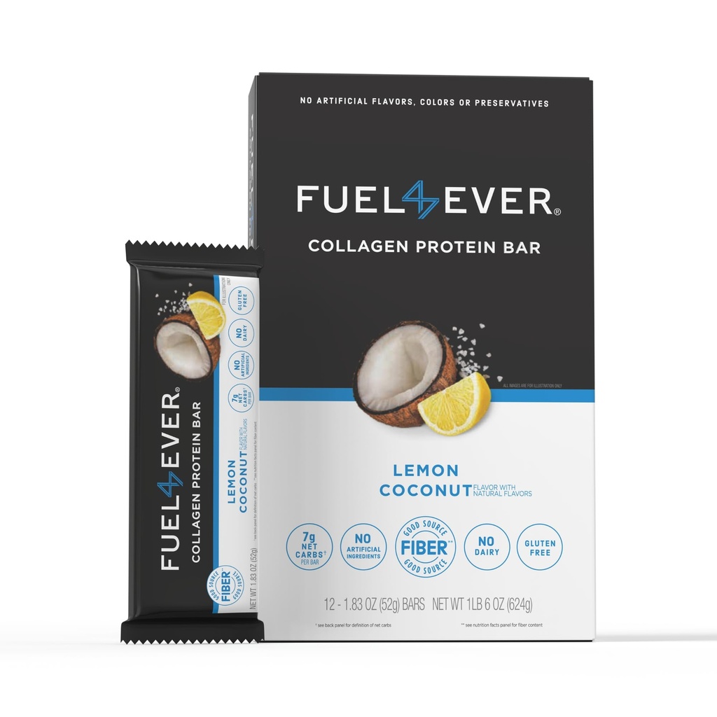 Fuel 4 Ever Collagen Protein Bars | 15G Protein, Gluten Free, Dairy Free, No Stevia or Artificial Ingredients Added, Sweetened with Honey | Lemon Coconut Flavor (Box of 12)