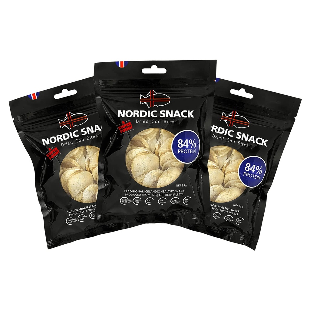 Nordic Catch Freeze Dried Cod Bites Seafood Snacks - Chips made from Wild Caught Icelandic Cod Fish - Healthy Snack, Rich in Omega 3 Fatty Acids, Protein Packed Fish Jerky for Humans, Keto Friendly Dry Fish - 35g Resealable Bag - 3 Pack