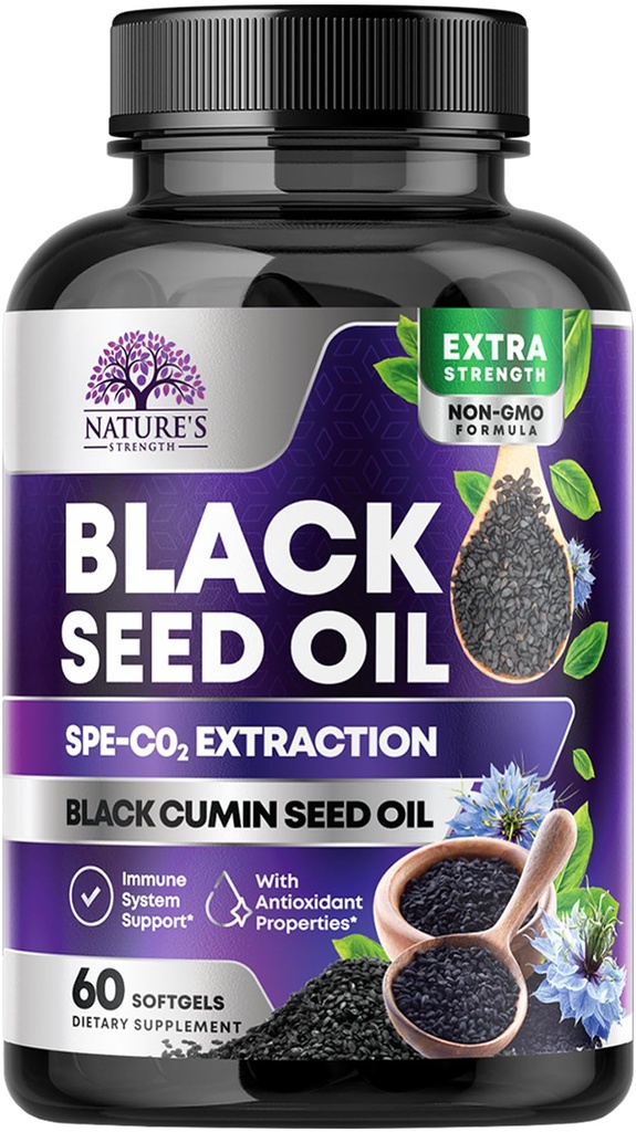 Black Seed Oil Capsules 1000mg med Thymoquinone - Ren Nigella Sativa för hudhälsa och immunstöd, 100% Blackseed Oil, fantastisk extraktion ovanför Cold Pressed Black Cumin Seed - 60 Softgels