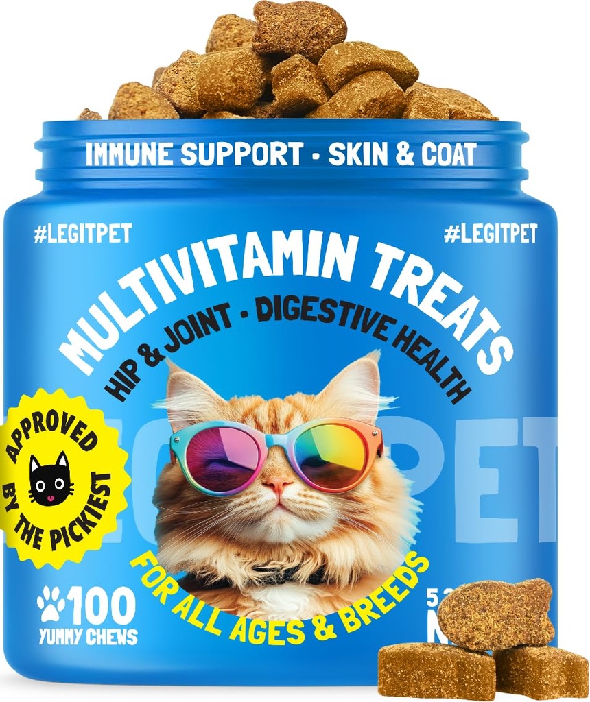 Multivitamin Cat Treats Vitamins for Indoor Cats Skin & Coat Digestion Immunity Mobility Heart & Brain Support Supplements for Overall Cat Health with Vitamins A B C D E and Biotin 100 Yummy Chews