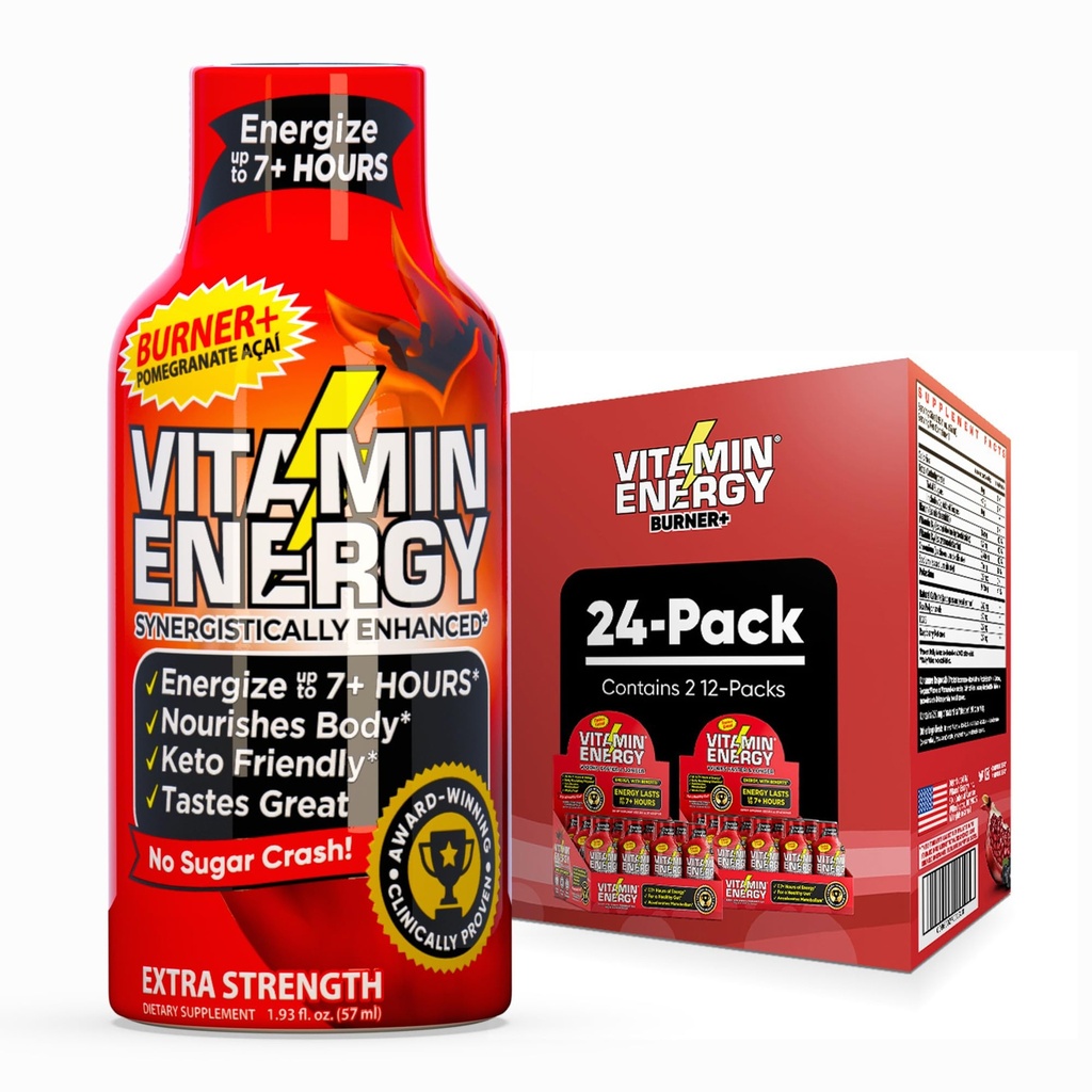 Vitamin Energy Burner+ Extra Strength Energy Shot Pomegranate Açaí 24 Pack, 260mg Natural Caffeine, 25mg Ketones, Green Tea, EGCG, Metabolism, Endurance, Zero Sugar, Gluten-Free, Vegan, 1.93 fl oz