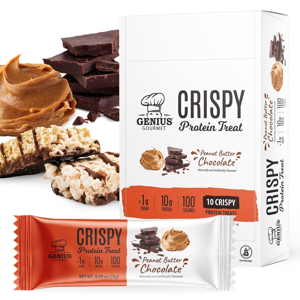 Genius Gourmet Crispy Protein Treat, Chocolate Peanut Butter, Keto Snack, Low Carb, Low Sugar & Gluten Free, Protein Snacks for Adults, 10G of Whey Protein per Protein Bar, 5 Net Carbs, 10 CT