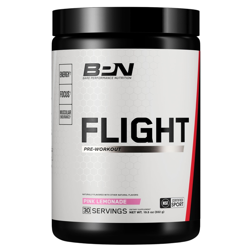 BARE PERFORMANCE NUTRITION BPN Flight Pre Workout, stöder energi och mental fokus, förbättrad uthållighet och muskelpumpar med CarnoSyn® Beta Alanine, Rosa Lemonade, 30 portioner