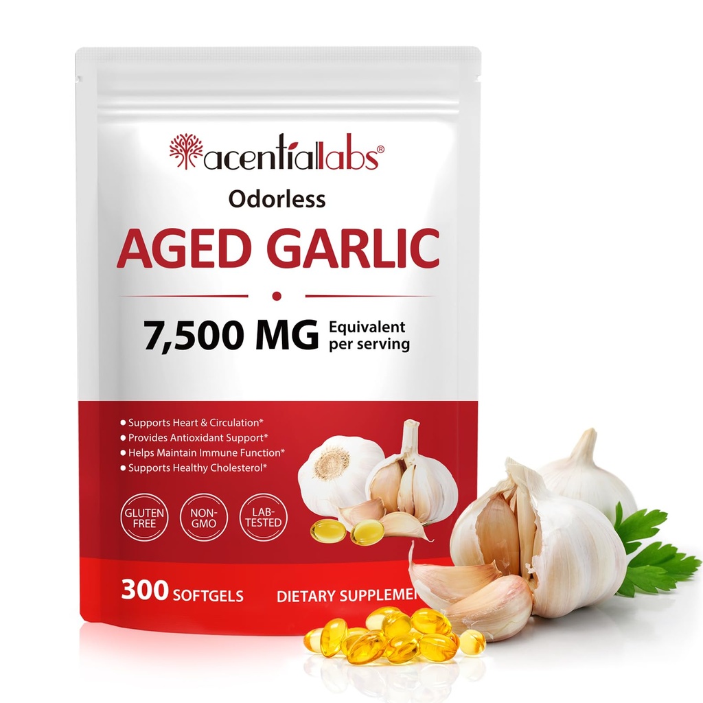 Aged Garlic Extract 300 Softgels, 500mg Odorless Garlic Supplement with Non-GMO, Gluten-Free, Lab-Tested Formula, Easy-to-Swallow Softgels for Daily Wellness