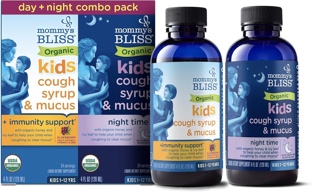 Mommy's Bliss Organic Cough Syrup & Mucus för barn, dag och natt Combo Pack med vitamin C och immunitetsstöd, innehåller organisk honung och Ivy Leaf, 4 Fl Oz (Pack of 2)