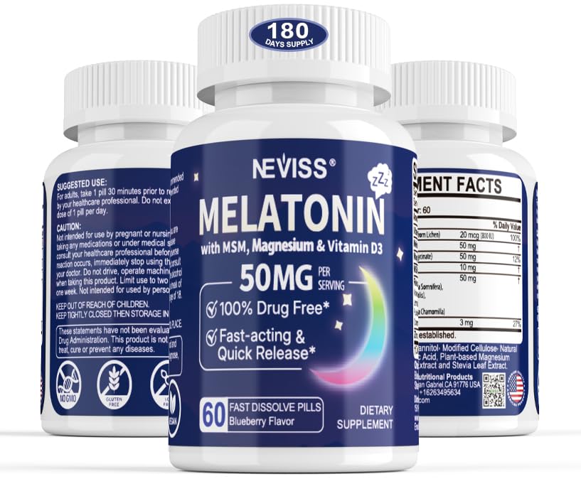 Melatonin 50 mg för vuxna - Extra styrka 9-i-1 Snabbupplös sublingual - w / vitamin D3 & MSM, Slappna Herbal Blend-Ashwagandha, Lemon Balm, Passionflower,Chamomile,Sugar Free, Vegan 180 Servings
