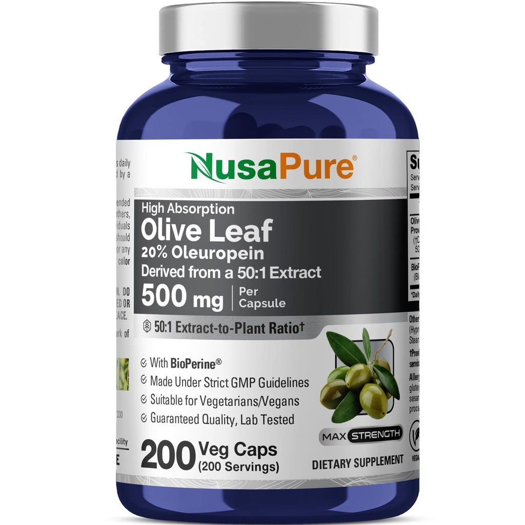 NusaPure Olive Leaf 20% Oleuropein 50:1 Extrakt, 500 mg Equivalent till 25 000 mg 200 Veg Caps Suitable för vegetarianer och veganer, icke-GMO