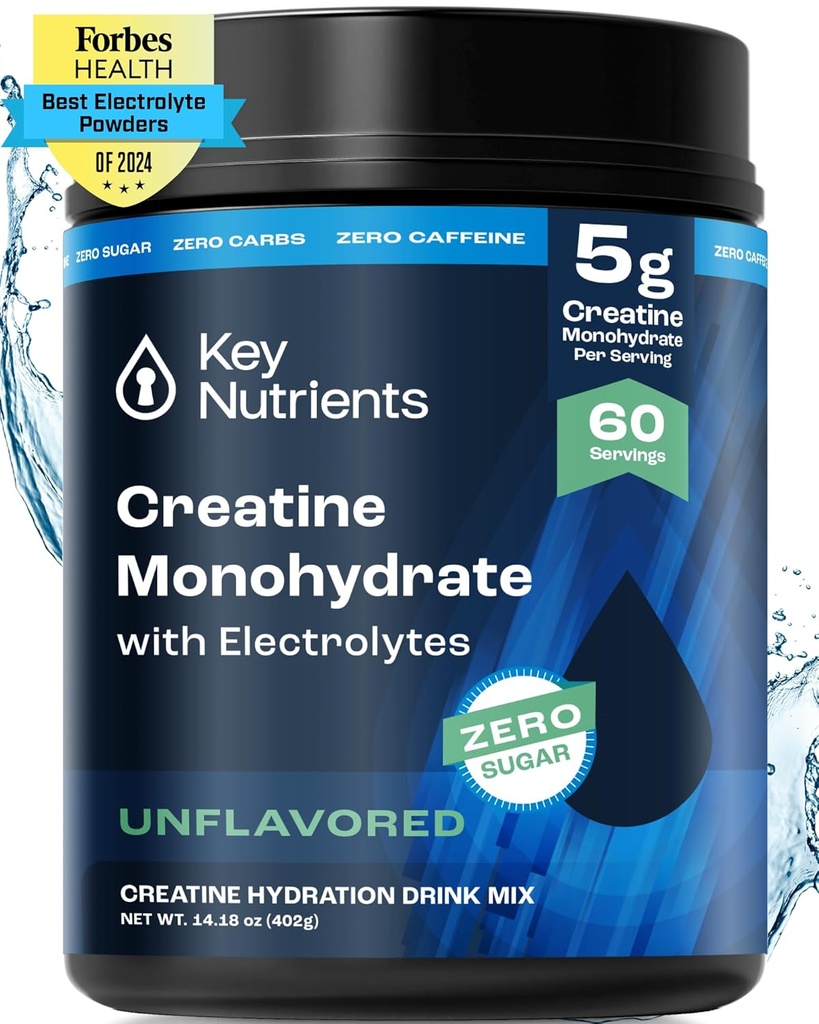 KEY NUTRIENTS Creatine Monohydrate Powder + Electrolytes, 5000mg Creatine Powder, Micronized Creatine Monohydrate, Creapure Creatine - 60 portioner, tillverkad i USA