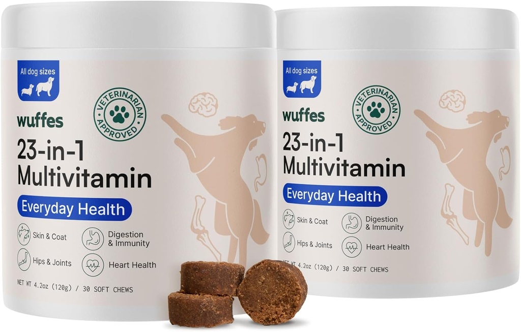Wuffes 23-i-1 Chewable Dog Multivitamin & tillägg Bundle - Dog Multivitamin för Small & Laarge Breed - 2 Pack - 60 Count