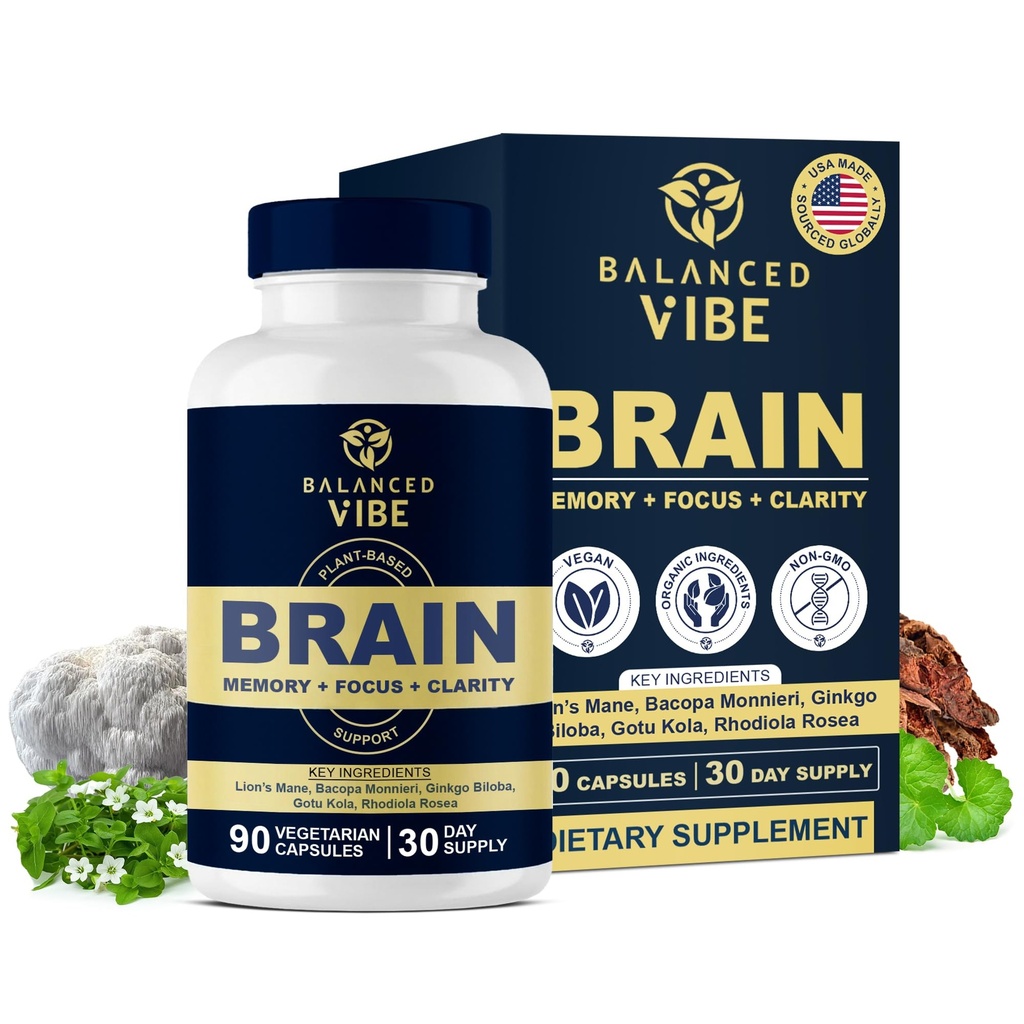 Balanserad Vibe Brain Formel | Organic Plant-Based Nootropic för Focus, Clarity & Memory | Organic Lion's Mane, Ginkgo, Bacopa, Rhodiola, Gotu Kola | Vegan Capsules | 30 Day Supply